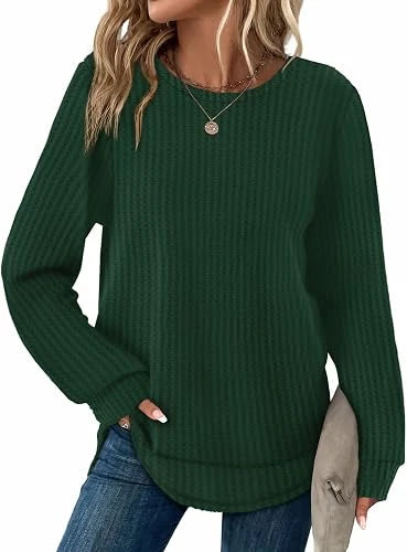 Womens Waffle Knit Tunic Tops Fall Long Sleeve Shirts Curved Hem