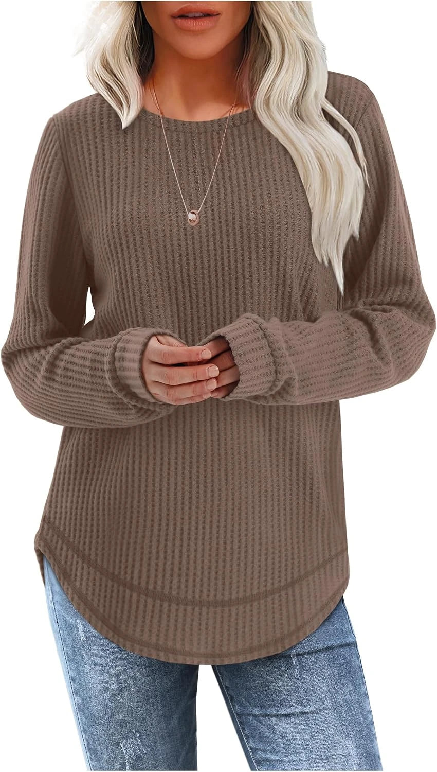 Womens Waffle Knit Tunic Tops Fall Long Sleeve Shirts Curved Hem
