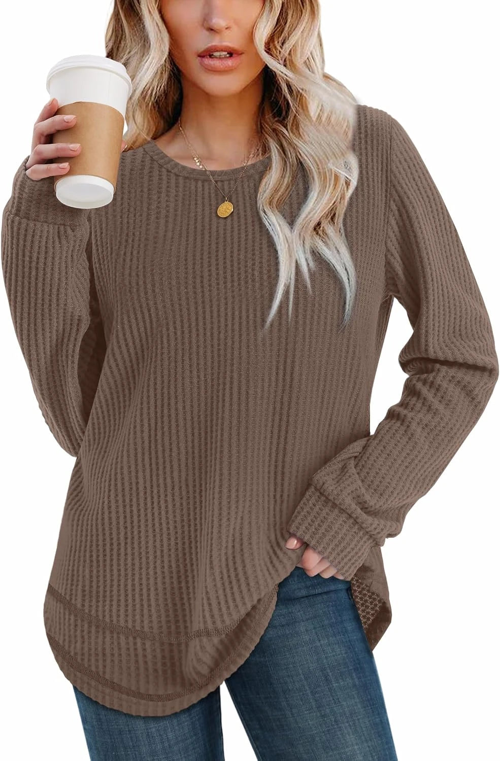 Womens Waffle Knit Tunic Tops Fall Long Sleeve Shirts Curved Hem