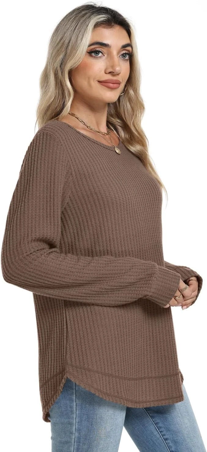 Womens Waffle Knit Tunic Tops Fall Long Sleeve Shirts Curved Hem