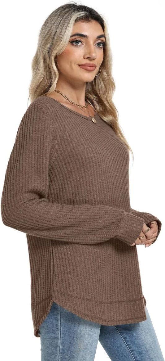 Womens Waffle Knit Tunic Tops Fall Long Sleeve Shirts Curved Hem