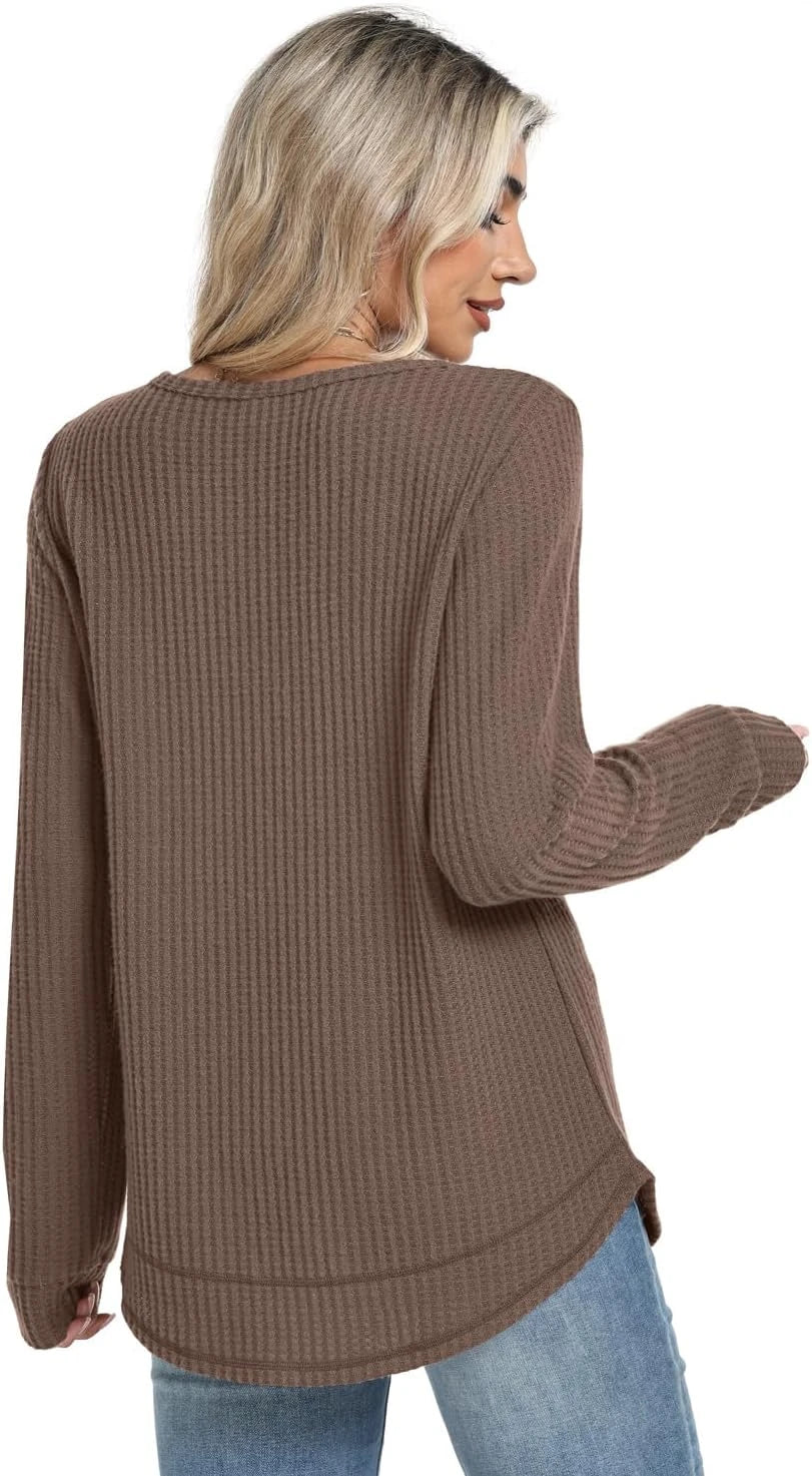 Womens Waffle Knit Tunic Tops Fall Long Sleeve Shirts Curved Hem