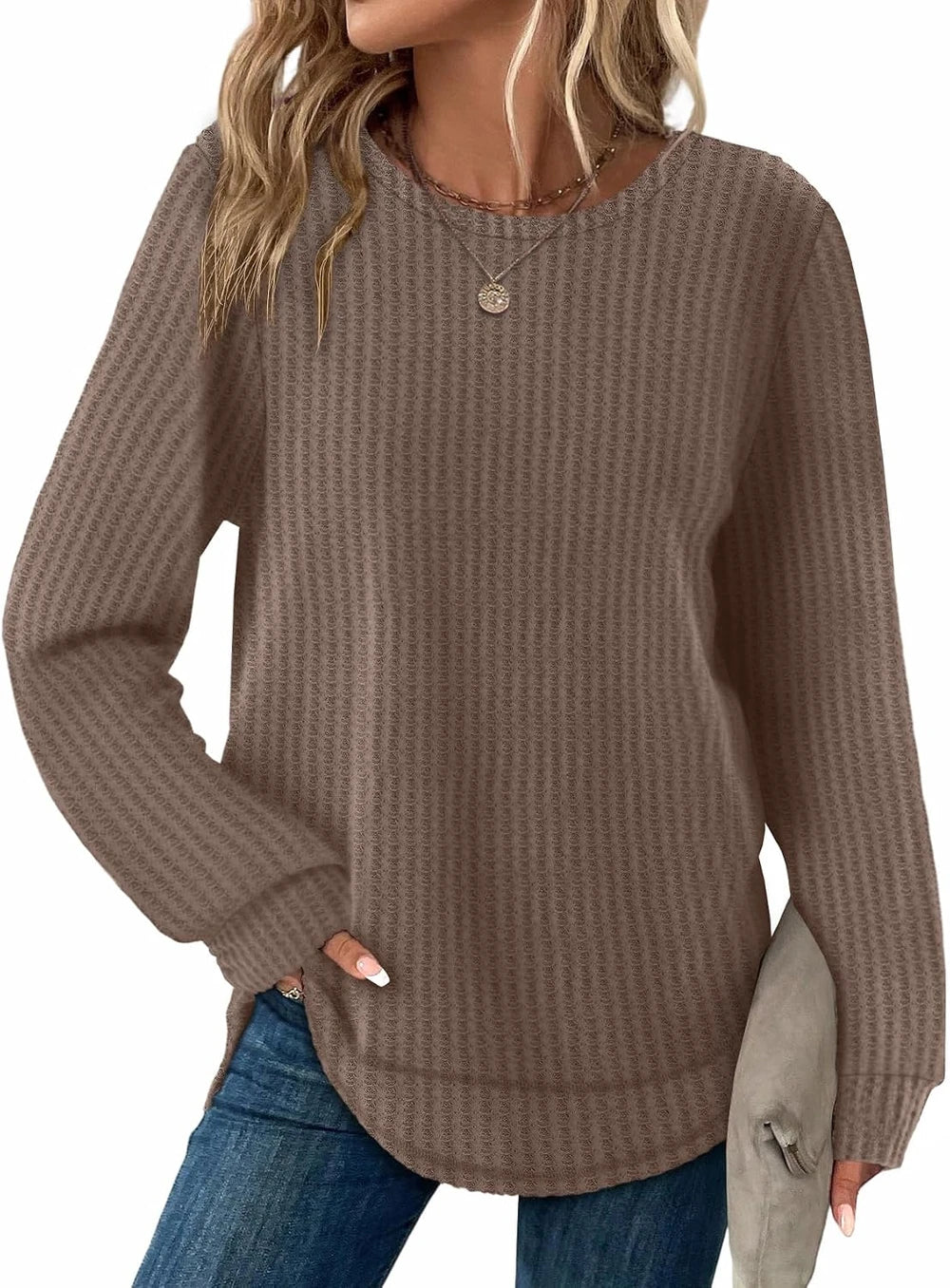 Womens Waffle Knit Tunic Tops Fall Long Sleeve Shirts Curved Hem
