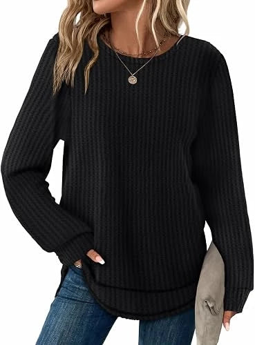 Womens Waffle Knit Tunic Tops Fall Long Sleeve Shirts Curved Hem