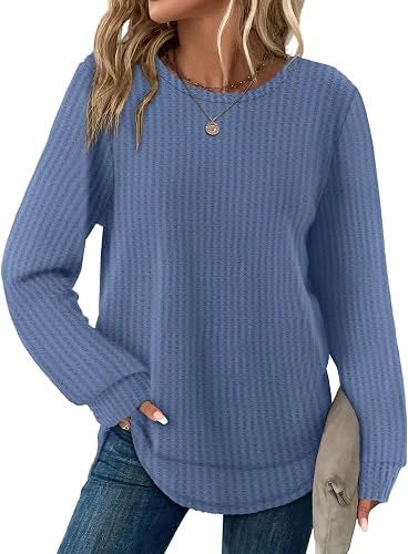 Womens Waffle Knit Tunic Tops Fall Long Sleeve Shirts Curved Hem