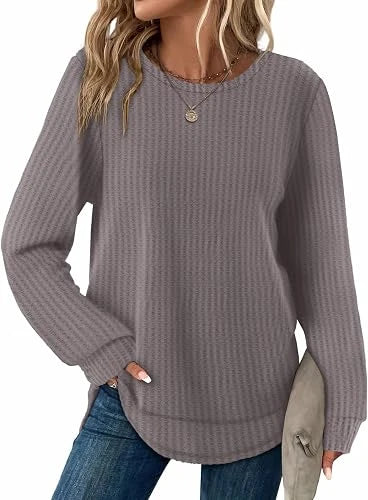 Womens Waffle Knit Tunic Tops Fall Long Sleeve Shirts Curved Hem