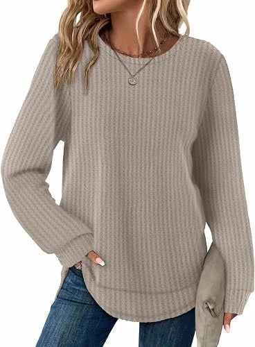Womens Waffle Knit Tunic Tops Fall Long Sleeve Shirts Curved Hem