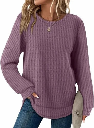Womens Waffle Knit Tunic Tops Fall Long Sleeve Shirts Curved Hem