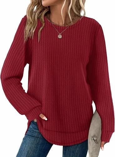 Womens Waffle Knit Tunic Tops Fall Long Sleeve Shirts Curved Hem