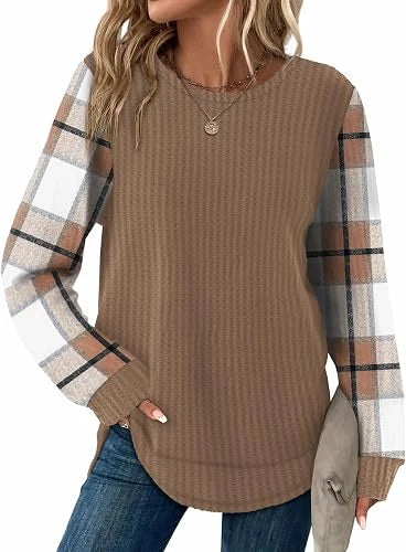 Womens Waffle Knit Tunic Tops Fall Long Sleeve Shirts Curved Hem